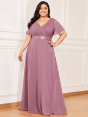 Dusty Rose Pleated Ruffle Sleeves Bridesmaid Dresses-Mei - RongMoon