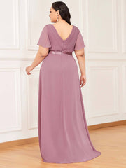 Dusty Rose Pleated Ruffle Sleeves Bridesmaid Dresses-Mei - RongMoon