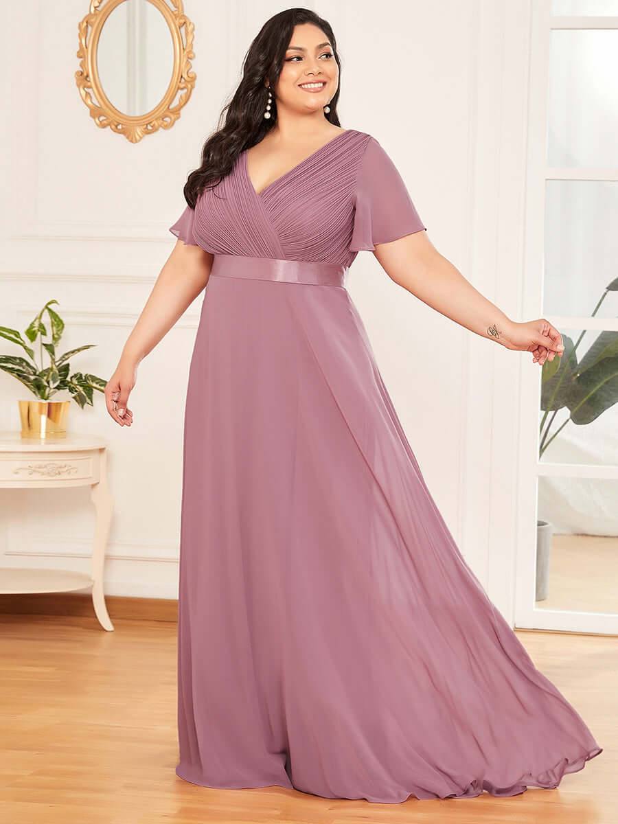 Dusty Rose Pleated Ruffle Sleeves Bridesmaid Dresses-Mei - RongMoon