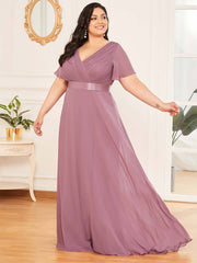 Dusty Rose Pleated Ruffle Sleeves Bridesmaid Dresses-Mei - RongMoon