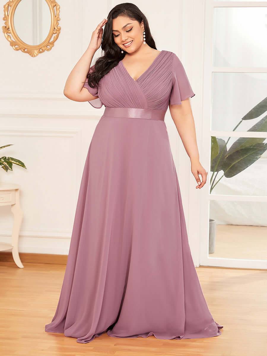 Dusty Rose Pleated Ruffle Sleeves Bridesmaid Dresses-Mei - RongMoon