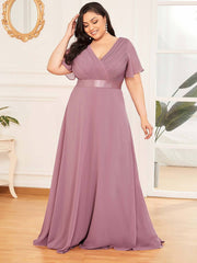 Dusty Rose Pleated Ruffle Sleeves Bridesmaid Dresses-Mei - RongMoon