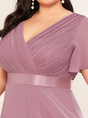Dusty Rose Pleated Ruffle Sleeves Bridesmaid Dresses-Mei - RongMoon