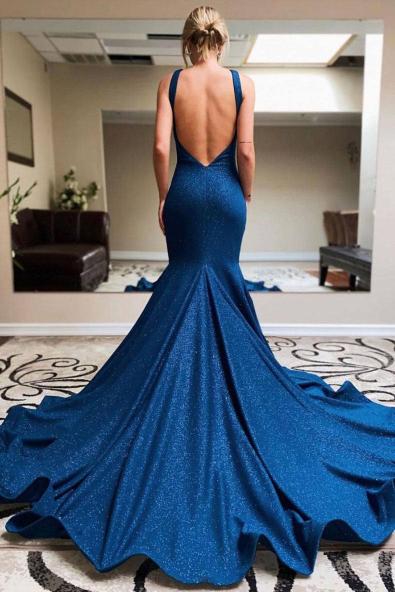 Blue mermaid long evening dress blue prom dress - RongMoon