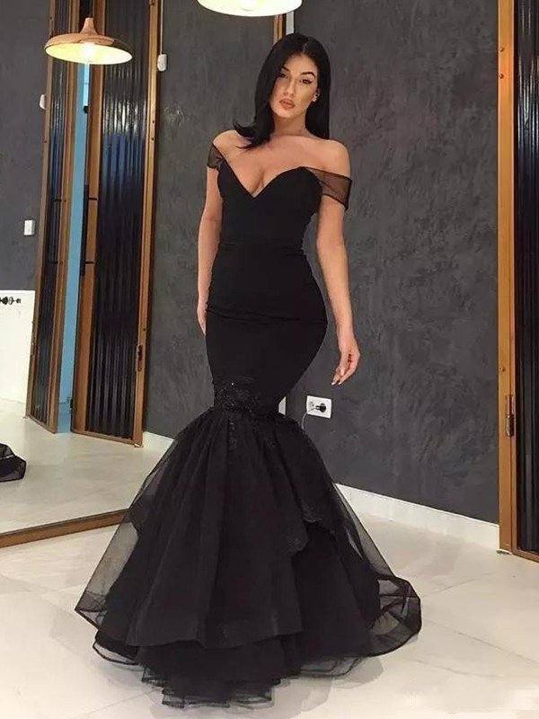 Trumpet/Mermaid Sleeveless Off-the-Shoulder Sweep/Brush Train Ruffles Tulle Dresses - RongMoon