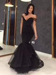 Trumpet/Mermaid Sleeveless Off-the-Shoulder Sweep/Brush Train Ruffles Tulle Dresses - RongMoon