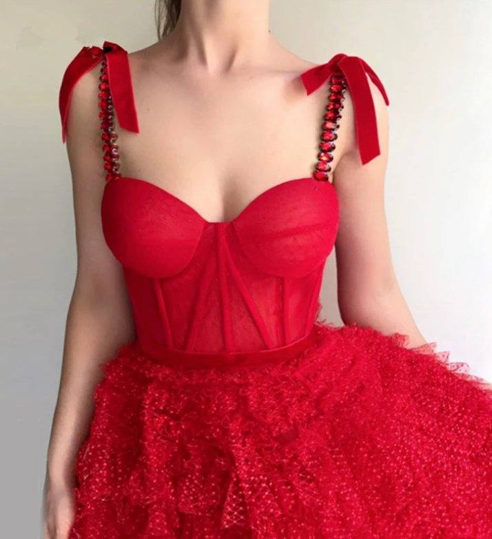 Red Muslim Evening Dresses Ball Gown Sweetheart Tulle Crystals Long Islamic Dubai Saudi Arabic Long Formal Evening Gown - RongMoon