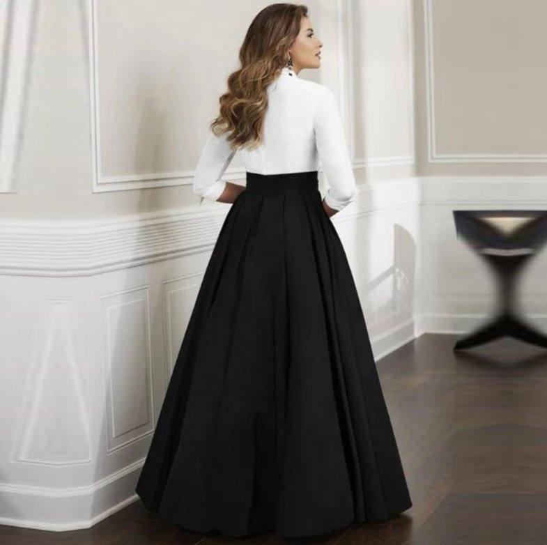 Black White Mother Of The Bride Dresses A-line V-neck 3/4 Sleeves Satin Plus Size Long Groom Mother Dresses For Weddings - RongMoon