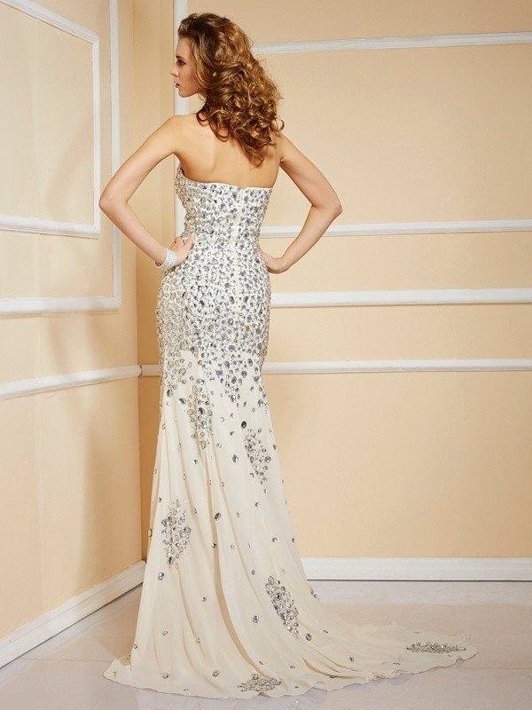 Sheath/Column Sweetheart Beading Sleeveless Long Chiffon Dresses - RongMoon
