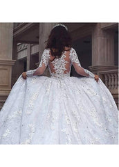 Tulle Jewel Beading Long Sleeve Ball Gown Wedding Dress