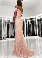 Lace Off-the-shoulder Pink Belt Mermaid Evening Dress