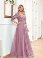 Sequin Chiffon Burgundy Half Sleeve Party Prom Dress