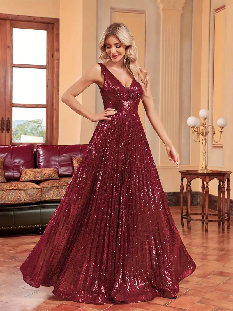 Burgundy V Neck A Line Sequin Party Prom Dress