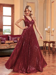 Burgundy V Neck A Line Sequin Party Prom Dress
