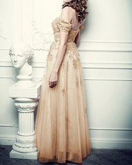 Gold Lace Beaded Sweetheart Tulle Prom Dresses Off-the-shoulder