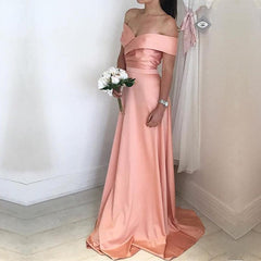 Simple Satin V Neck Off Shoulder Long Bridesmaid Dresses