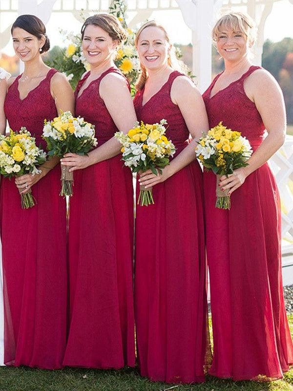 Lace A-line Popular Brideamaid Dresses, Burgundy Color Chiffon Bridesmaid Dresses - RongMoon