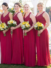 Lace A-line Popular Brideamaid Dresses, Burgundy Color Chiffon Bridesmaid Dresses - RongMoon