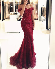 Elegant Pearl Beaded Lace Mermaid Evening Dresses Off The Shoulder Prom Gowns - RongMoon