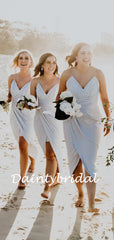 Simple V-neck Spaghetti Strap Side Slit Short Bridesmaid Dresses.DB10040