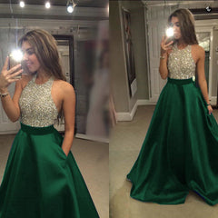 Beaded Halter Long Satin Open Back Prom Dresses 2022
