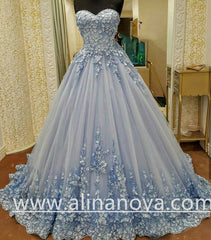Lovely Lace Appliques Sweetheart Light Blue Ball Gowns Wedding Dresses