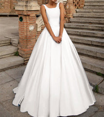 Vintage Scoop Neck Bow Back Satin Ball Gown Wedding Dresses