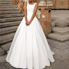 Vintage Scoop Neck Bow Back Satin Ball Gown Wedding Dresses