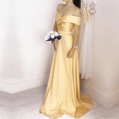 Simple Satin V Neck Off Shoulder Long Bridesmaid Dresses