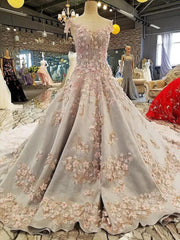 Luxurious 3D Lace Flowers Light Blue Satin Ball Gown Wedding Dresses 2018