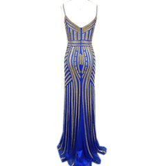 V Neck Long Tulle Mermaid Evening Dresses With Gold Beading