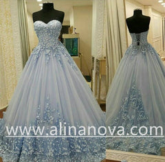 Lovely Lace Appliques Sweetheart Light Blue Ball Gowns Wedding Dresses