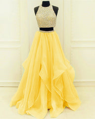 Sequined Beaded Top Organza Layered Prom Dresses Two Piece