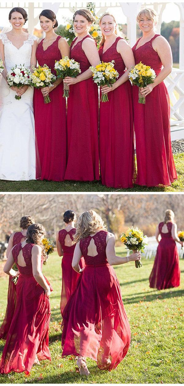 Lace A-line Popular Brideamaid Dresses, Burgundy Color Chiffon Bridesmaid Dresses - RongMoon