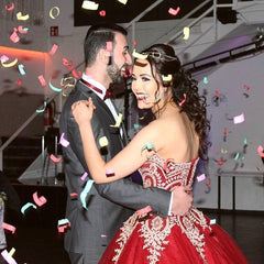 Wine Red Tulle Ball Gowns Wedding Dresses Gold Lace Appliques