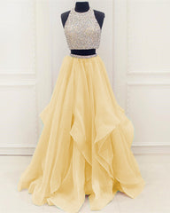 Sequined Beaded Top Organza Layered Prom Dresses Two Piece