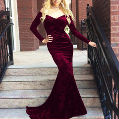 V Neck Off Shoulder Velvet Prom Dress Long Sleeves Mermaid Evening Gowns