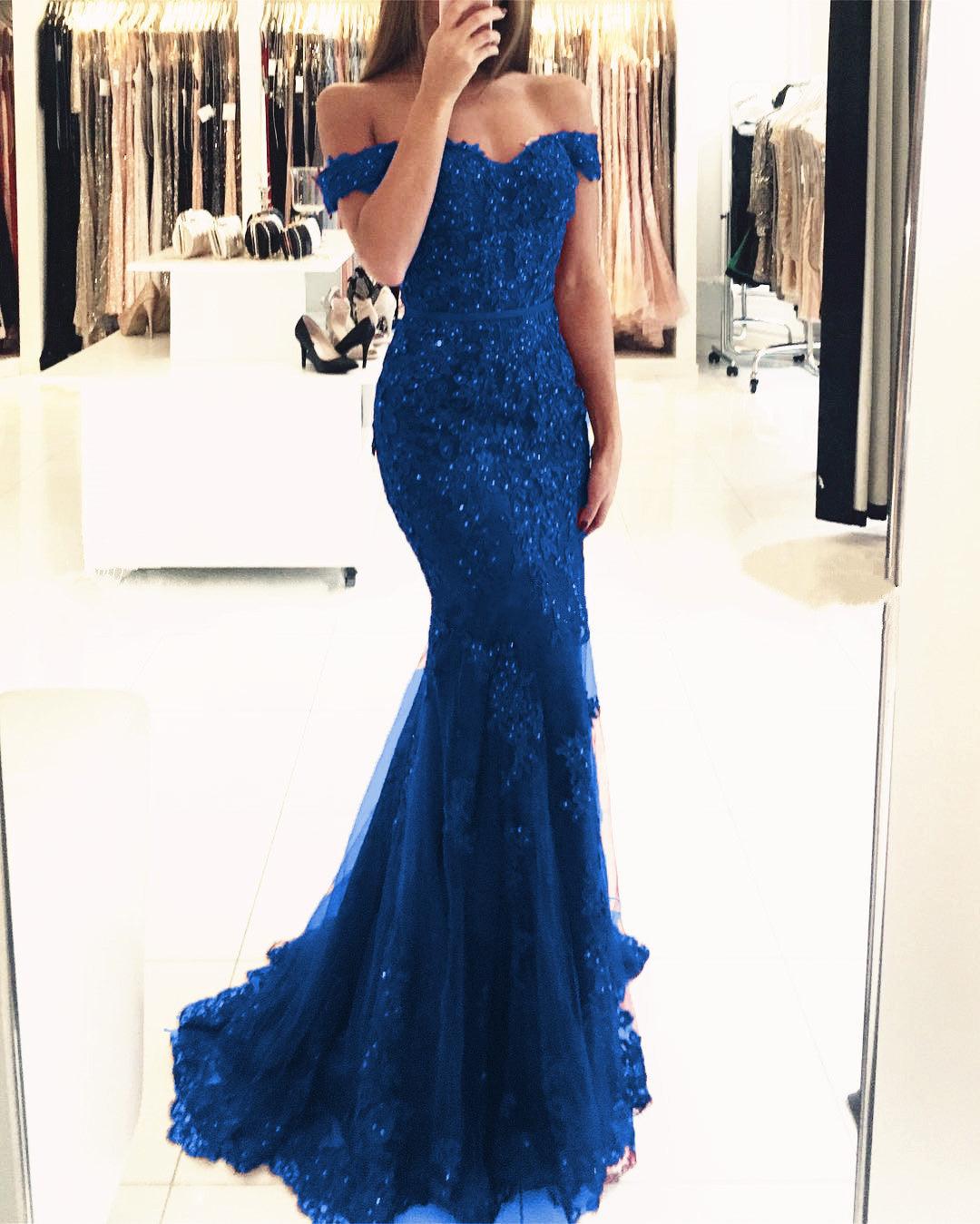 Elegant Pearl Beaded Lace Mermaid Evening Dresses Off The Shoulder Prom Gowns - RongMoon