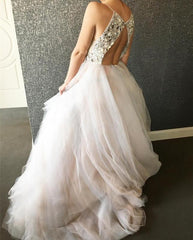 Crystal Beaded V Neck Organza Layered Wedding Dresses Ball Gowns