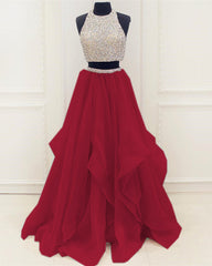 Sequined Beaded Top Organza Layered Prom Dresses Two Piece