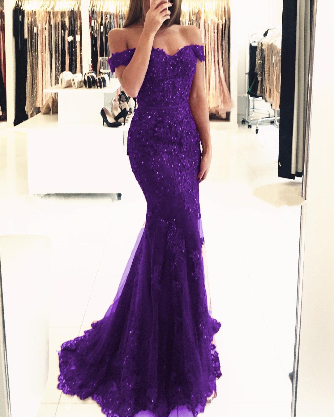 Elegant Pearl Beaded Lace Mermaid Evening Dresses Off The Shoulder Prom Gowns - RongMoon
