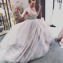 Crystal Beaded V Neck Organza Layered Wedding Dresses Ball Gowns