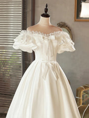 Lace Tea Length Bowknot White Satin Wedding Dress