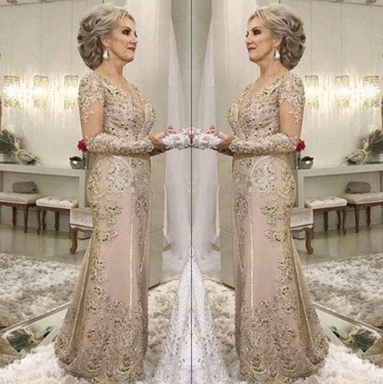 Plus Size Mother Of The Bride Dresses Mermaid V-neck Long Sleeves Tulle Appliques - RongMoon