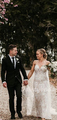 New Arrival V-neck Tulle Lace Mermaid Open Back Long Wedding Dresses.DB10480