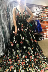 Black A Line Floral Embroidered Prom Dress
