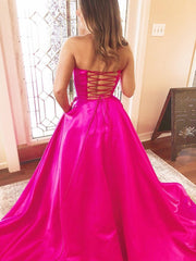 Sweep Train Criss cross Fuchsia Satin Prom Dress With Pockets