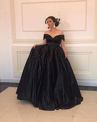 V-neck Off The Shoulder Long Black Satin Plus Size Prom Dresses Beaded Waistline