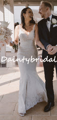 Pretty V-neck Simple Tulle Lace Mermaid Long Wedding Dresses, DB10739