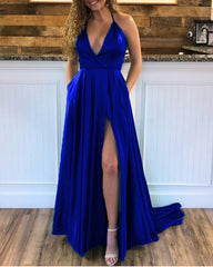Sexy Long Satin Halter Prom Dresses Leg Split Formal Gowns